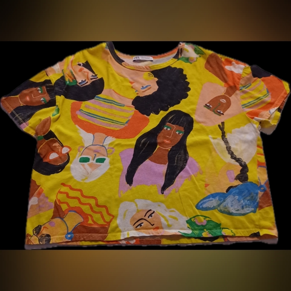 Zara Allover Face Print Cropped Shirt